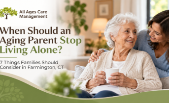 Adult daughter discussing living alone and home safety with her aging parent in Farmington, CT
